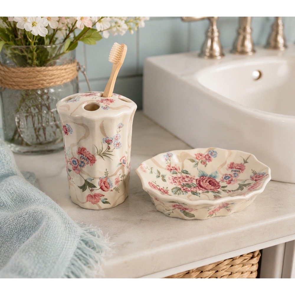 Vtg Floral Ceramic Bathroom Set Soap Dish Toothbrush Holder Japan Pink Rose
